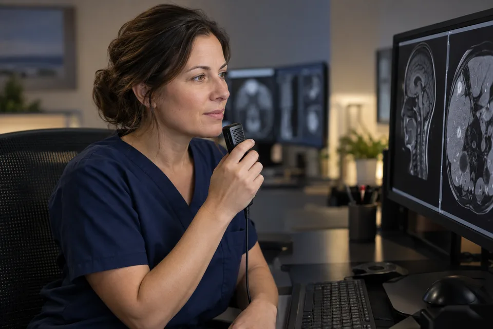 Radiologista ditando um laudo ao microfone